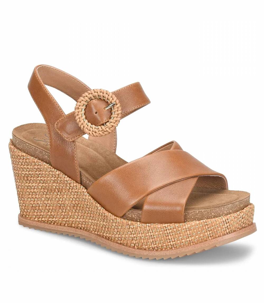 NEW SOFFT women's dorathy leather raffia wedge sandals in brown
